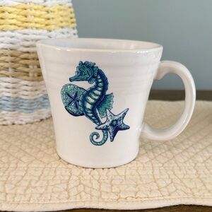 Coastal Fiesta White Ceramic Mug with Blue-Green Seahorse and Starfish
